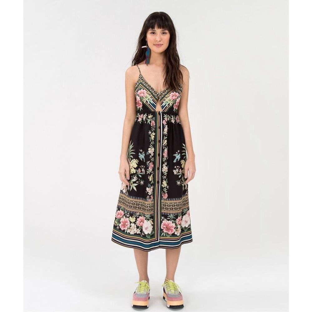 FARM Rio Black Floral Midi Dress with Pink & Green Accents